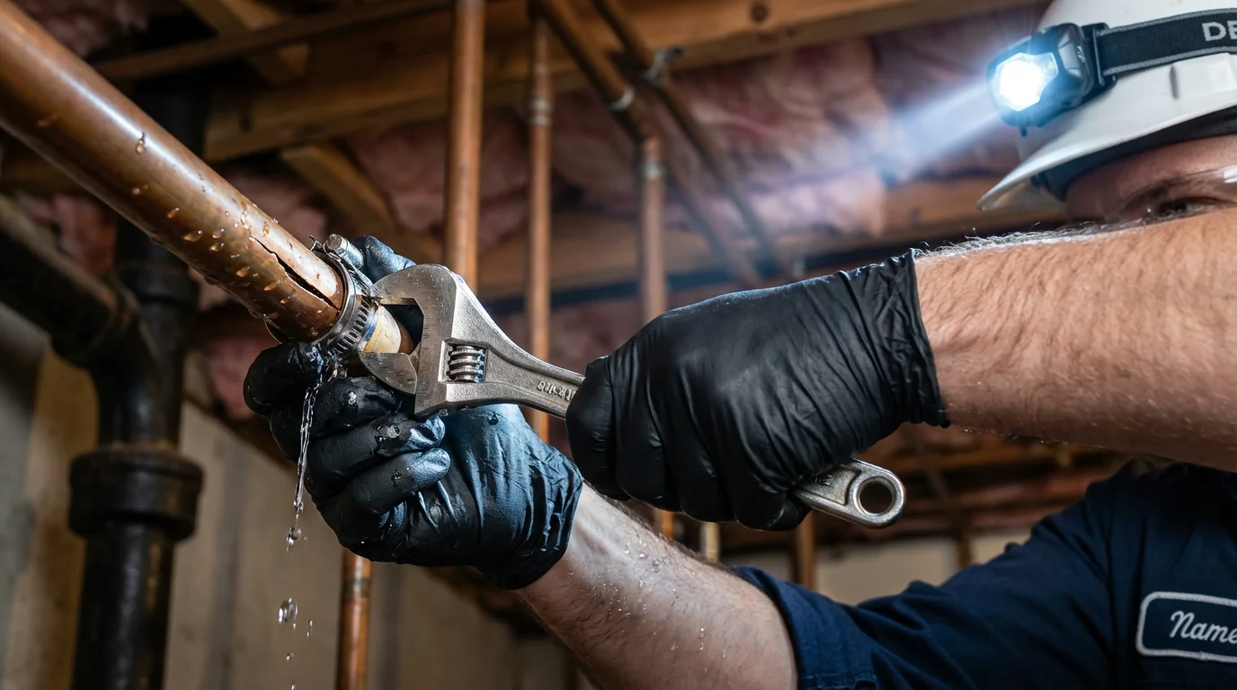 Emergency pipe clamp repair being performed by a Johns Plumbing LLC plumber in Seffner