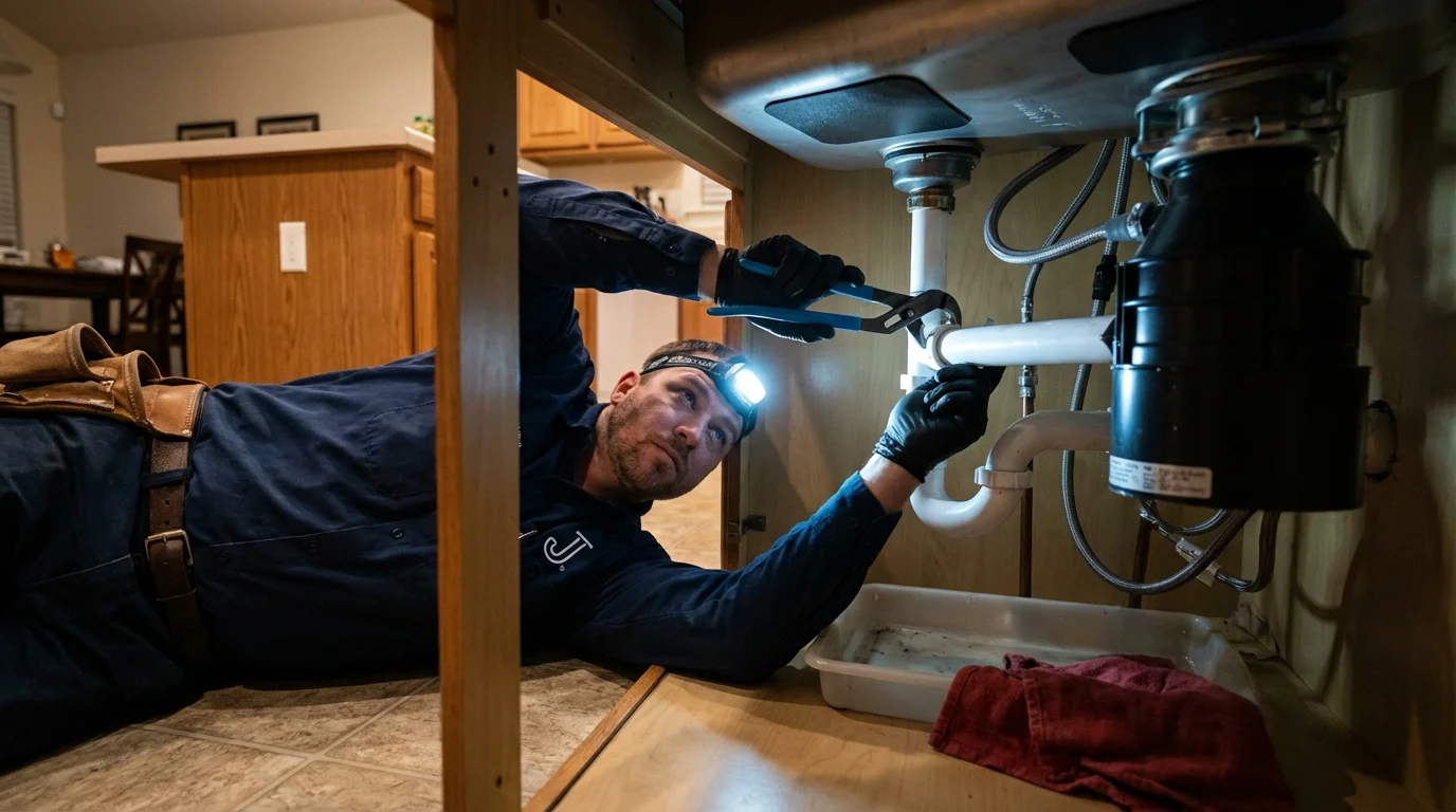 P-trap and supply line connections under a kitchen sink showing a common leak point in Seffner, FL